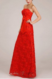 Satin and Lace Strapless Floor Length Column Dress with Embroidered