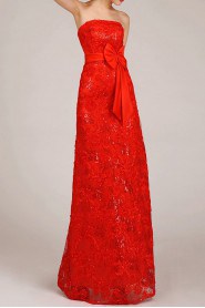 Satin and Lace Strapless Floor Length Column Dress with Embroidered