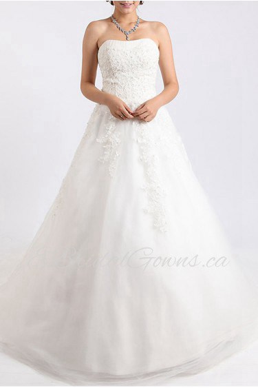 Net and Satin Strapless Ball Gown with Crystal