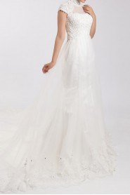 Lace High Collar Neckline Cathedral Train Mermaid Gown with Pearls