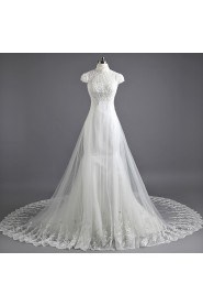 Lace High Collar Neckline Cathedral Train Mermaid Gown with Pearls