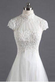 Lace High Collar Neckline Cathedral Train Mermaid Gown with Pearls