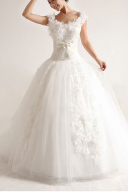 Organza Scoop Neckline Cathedral Train Ball Gown with Pearls