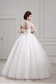 Net and Satin Jewel Neckline Floor Length Ball Gown with Crystal