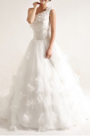 Net and Satin One Shoulder Cathedral Train Ball Gown with Handmade Flowers