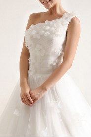 Net and Satin One Shoulder Cathedral Train Ball Gown with Handmade Flowers