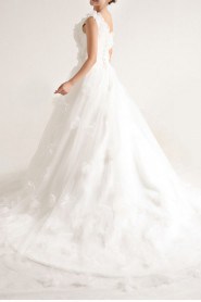 Net and Satin One Shoulder Cathedral Train Ball Gown with Handmade Flowers