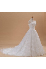 Net and Satin One Shoulder Cathedral Train Ball Gown with Handmade Flowers