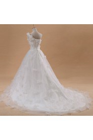 Net and Satin One Shoulder Cathedral Train Ball Gown with Handmade Flowers