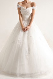 Net and Satin Off-the-Shoulder Cathedral Train Ball Gown with Beading