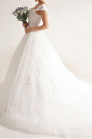 Net and Satin Off-the-Shoulder Cathedral Train Ball Gown with Beading