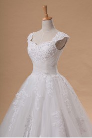 Net and Satin Off-the-Shoulder Cathedral Train Ball Gown with Beading