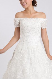 Lace Off-the-Shoulder Cathedral Train Ball Gown with Crystal