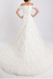 Lace Off-the-Shoulder Cathedral Train Ball Gown with Crystal