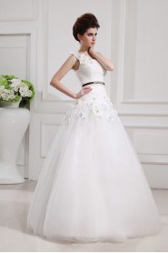 Net and Satin One Shoulder Floor Length Ball Gown with Handmade Flowers