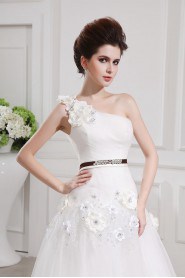 Net and Satin One Shoulder Floor Length Ball Gown with Handmade Flowers