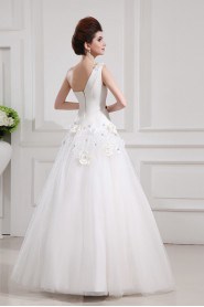 Net and Satin One Shoulder Floor Length Ball Gown with Handmade Flowers