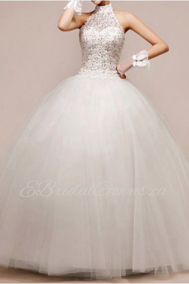 Net and Satin Halter Floor Length Ball Gown