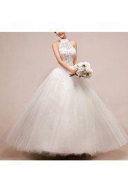 Net and Satin Halter Floor Length Ball Gown