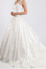 Net and Satin Straps Neckline Cathedral Train Ball Gown with Crystal