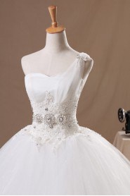 Organza One Shoulder Floor Length Ball Gown with Handmade Flowers