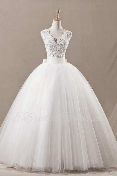 Net V-neck Floor Length Ball Gown with Sequins