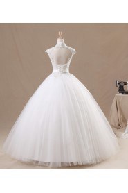 Net High Collar Neckline Floor Length Ball Gown with Handmade Flowers