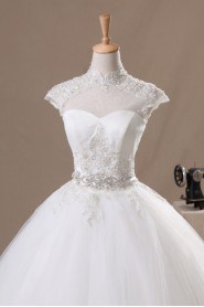 Net High Collar Neckline Floor Length Ball Gown with Handmade Flowers