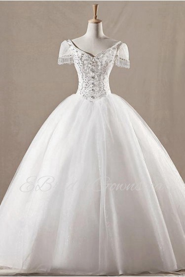 Net V-neck Floor Length Ball Gown with Crystal