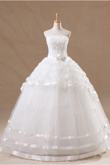 Organza Strapless Floor Length Ball Gown with Handmade Flowers