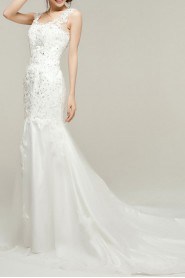 Lace Straps Neckline Cathedral Train Mermaid Gown with Sequins