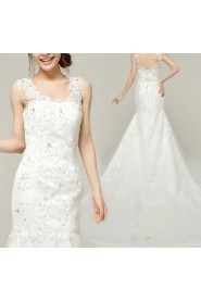 Lace Straps Neckline Cathedral Train Mermaid Gown with Sequins