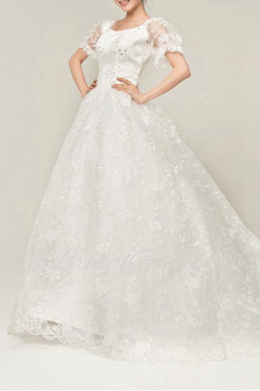 Satin Scoop Neckline Cathedral Train Ball Gown with Sequins