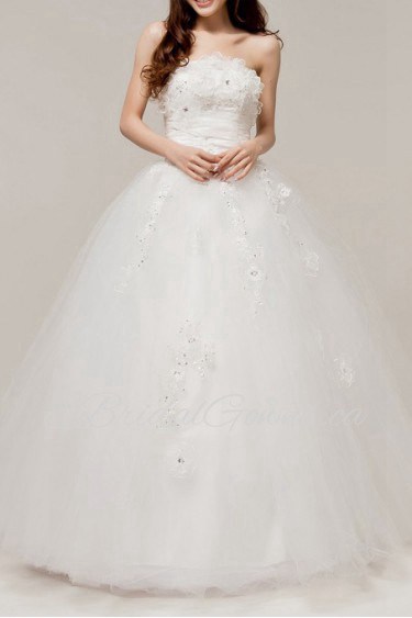 Satin Strapless Floor Length Ball Gown with Embroidered