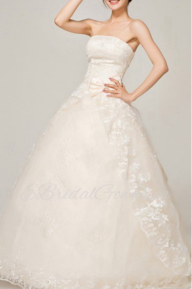 Satin Strapless Floor Length Ball Gown with Embroidered