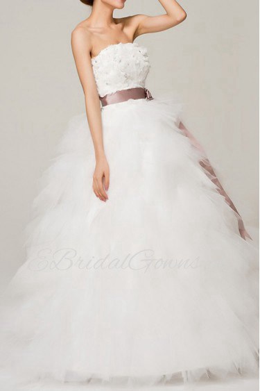 Satin Strapless Floor Length Ball Gown with Handmade Flowers