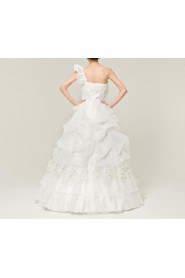 Organza One Shoulder Floor Length Ball Gown with Handmade Flowers