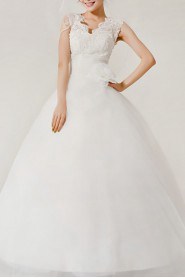 Organza V-neck Floor Length Ball Gown with Handmade Flowers