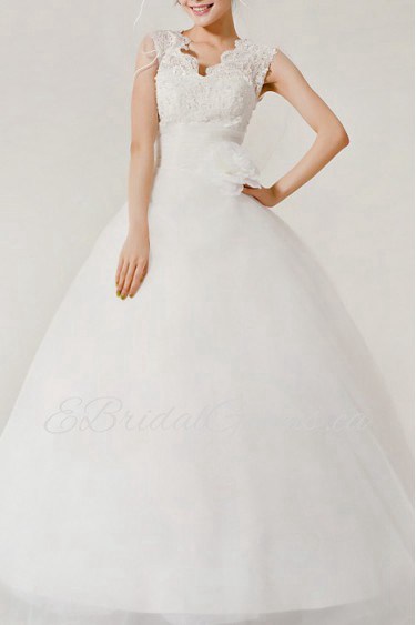 Organza V-neck Floor Length Ball Gown with Handmade Flowers