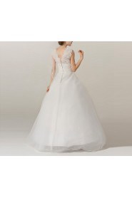 Organza V-neck Floor Length Ball Gown with Handmade Flowers