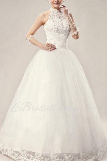 Satin Halter Floor Length Ball Gown with Embroidered