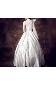 Lace High Collar Neckline Floor Length Ball Gown with Feather