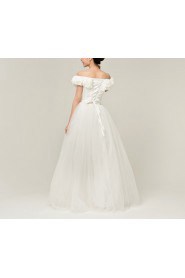 Satin Off-the-Shoulder Floor Length Ball Gown with Sequins