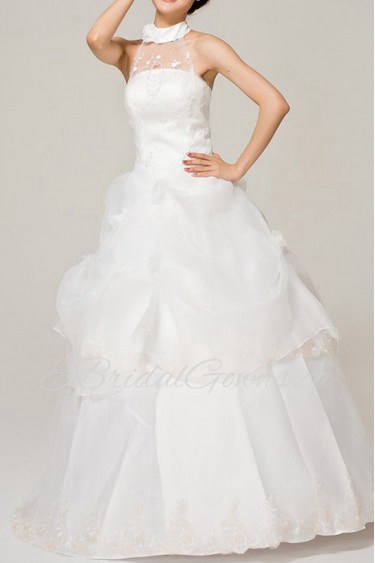 Satin Halter Floor Length Ball Gown with Handmade Flowers