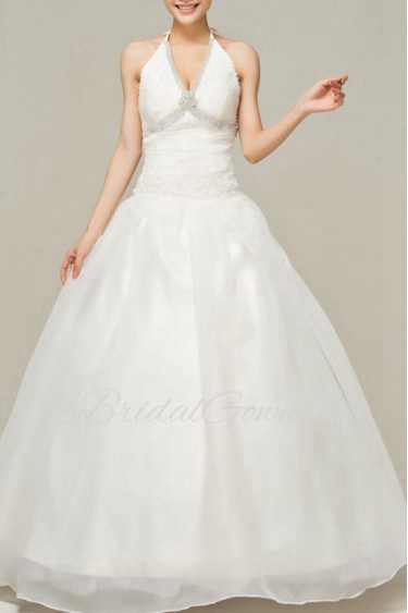 Satin Halter Floor Length Ball Gown with Pearls