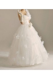 Net One Shoulder Floor Length Ball Gown with Handmade Flowers