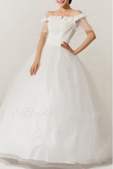 Organza Off-the-Shoulder Floor Length Ball Gown with Handmade Flowers