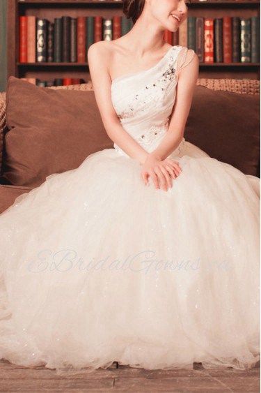 Organza One Shoulder Floor Length Ball Gown with Crystal