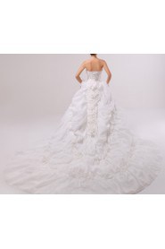 Satin Strapless Cathedral Train Ball Gown with Handmade Flowers