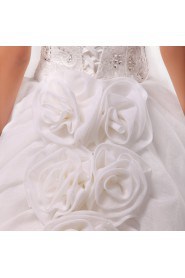 Satin Strapless Cathedral Train Ball Gown with Handmade Flowers